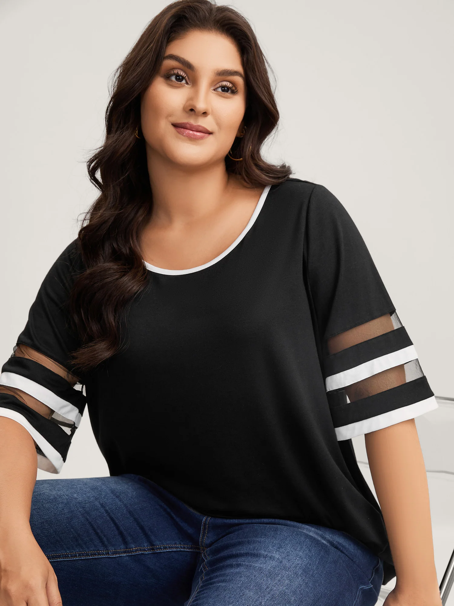 Stretchy Color Block Plain Knit Top