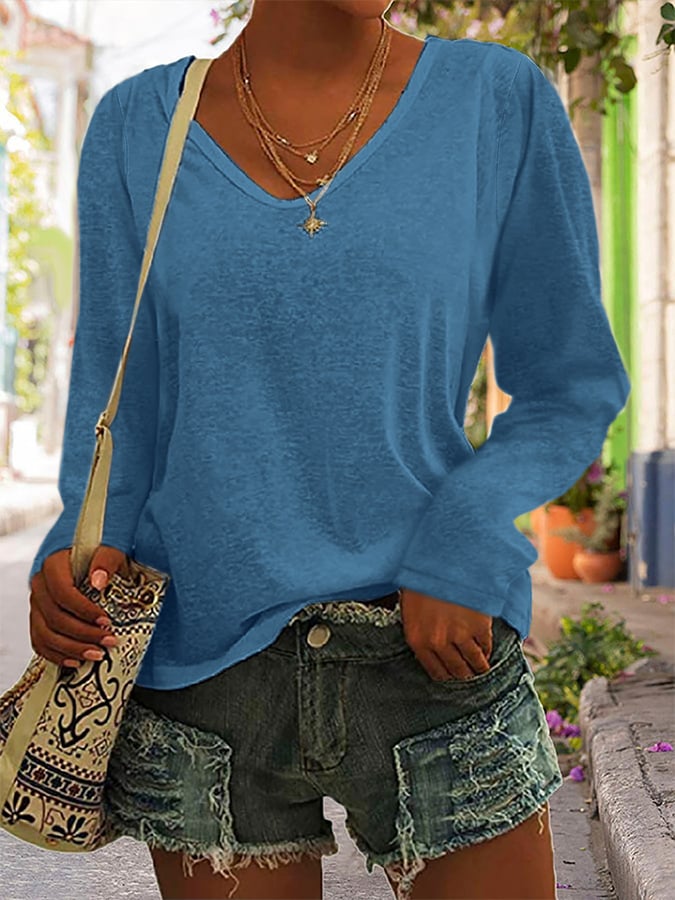 Solid Color Long-Sleeved Colorful Cotton T-Shirt