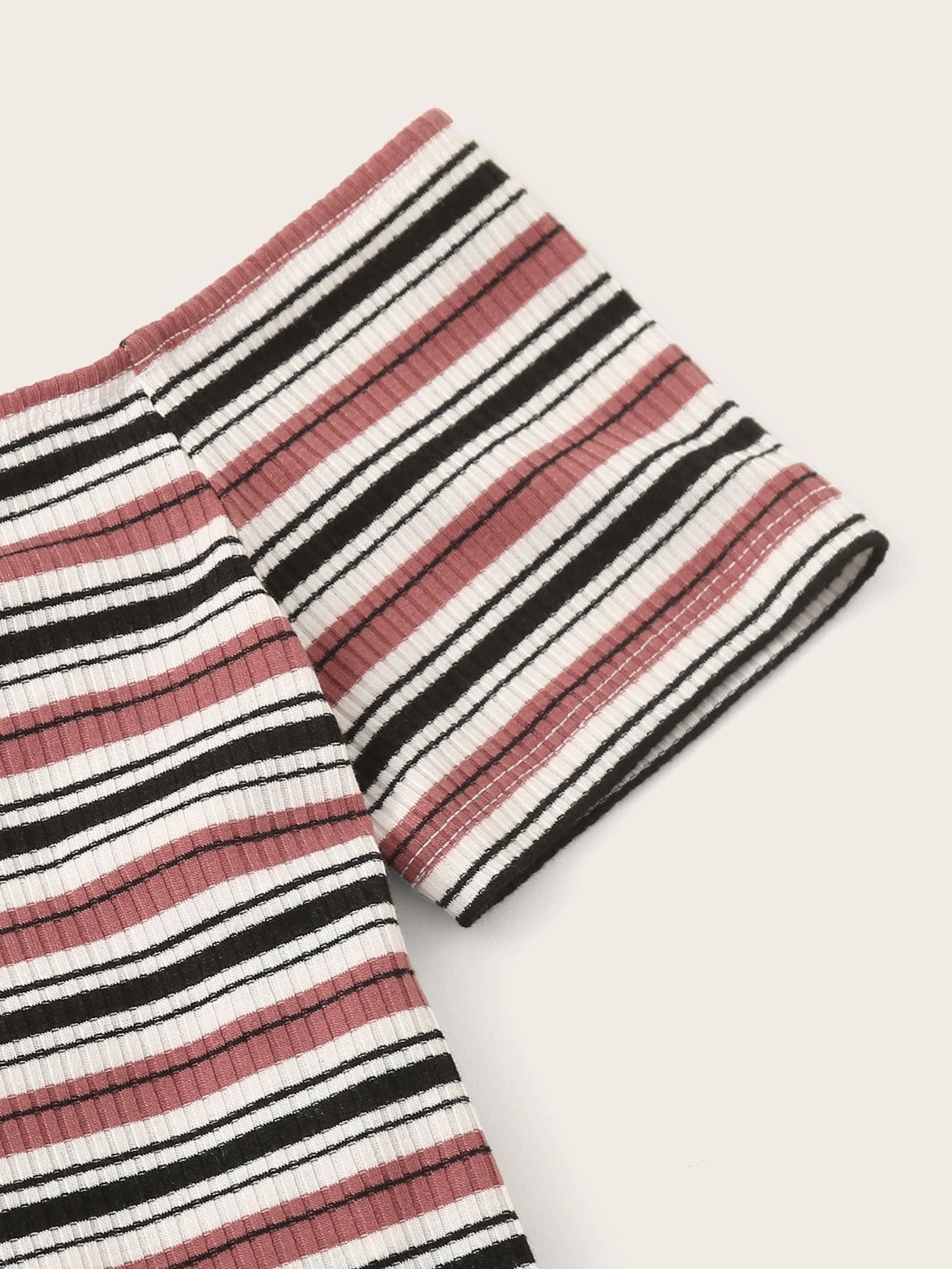 SHEIN Button Front Rib-knit Striped Bardot Crop Tee