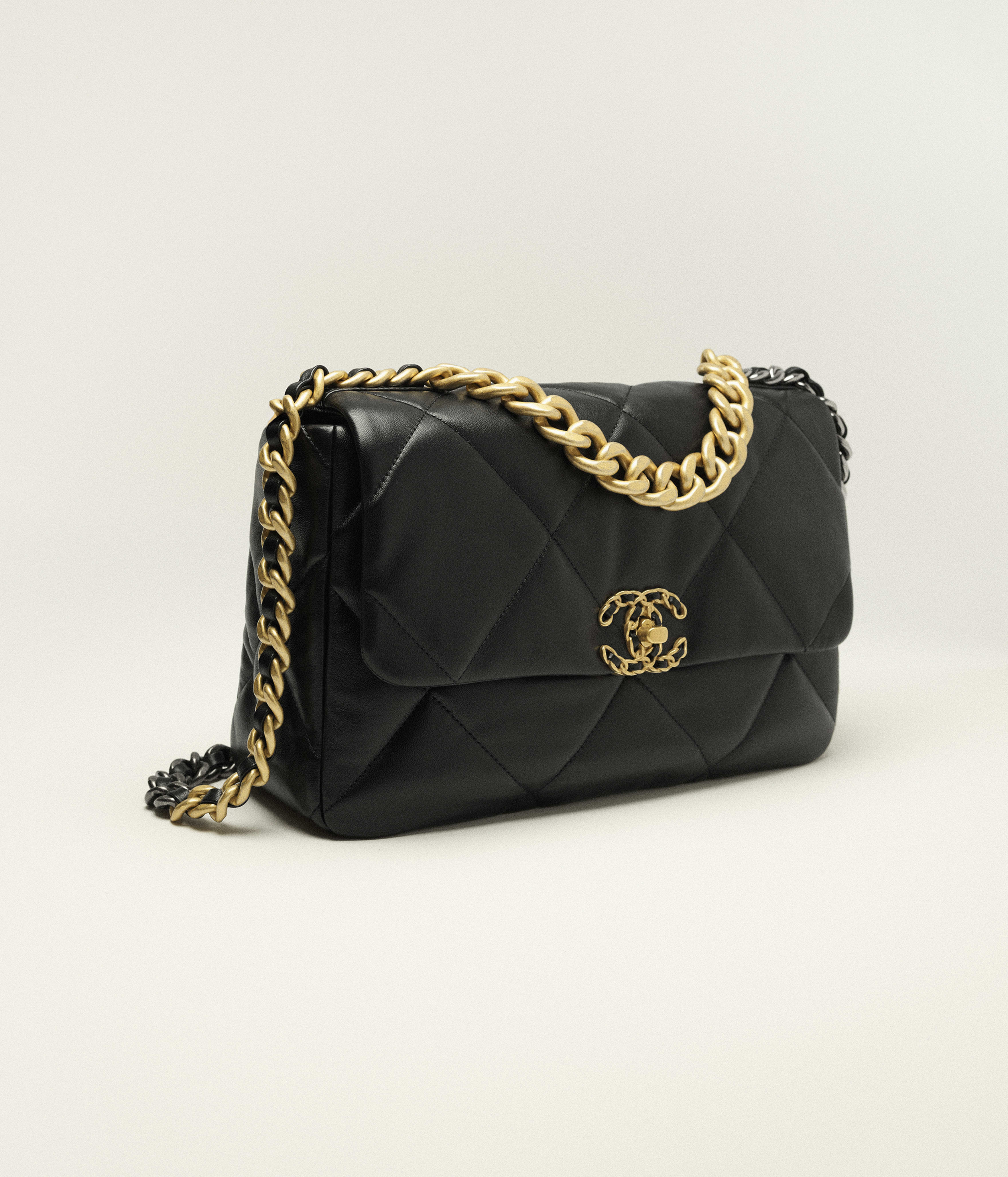 CHANEL 19 Large Handbag Shiny Lambskin, Gold-Tone, Silver-Tone & Ruthenium-Finish Metal Black AS1161-B04852-94305