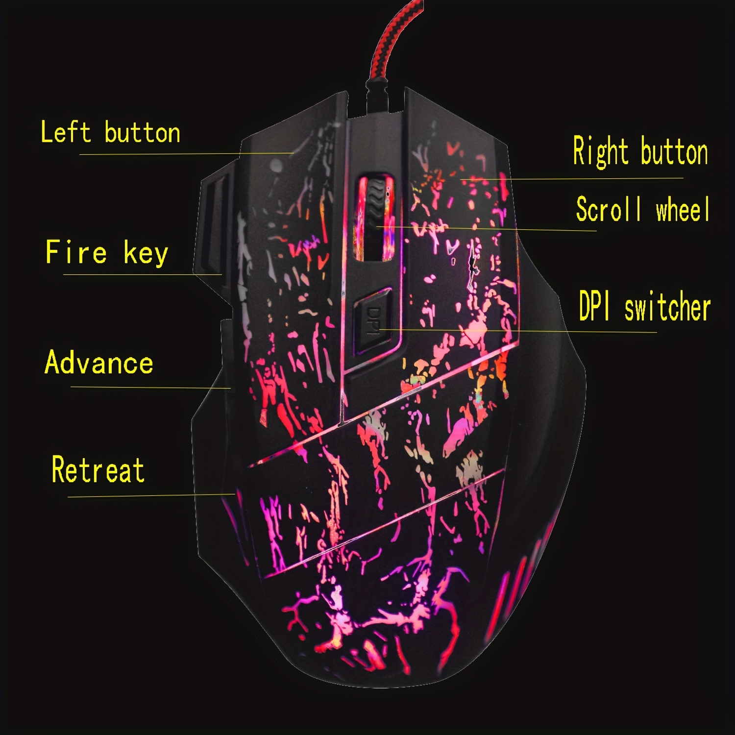HXSJ Exploding Cracked Rainbow Light Gaming Mouse, A Gaming Mouse With Seven Buttons, Capable Of Reaching Up To 3200dpi.