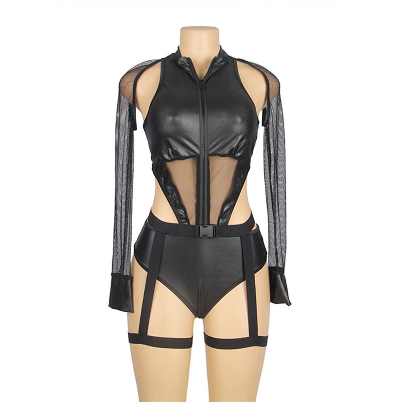 Cosplay Kitty See-through Zipper Jumpsuit Lingerie Set