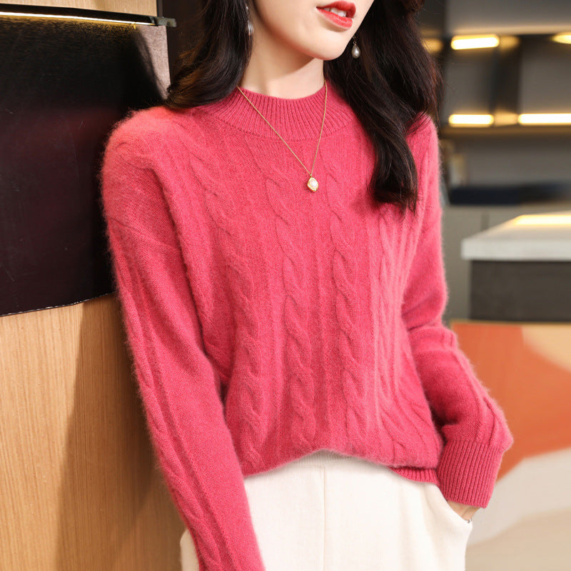Women's Pure Wool Sweater with Half Turtleneck and Thick Twist Knit Design