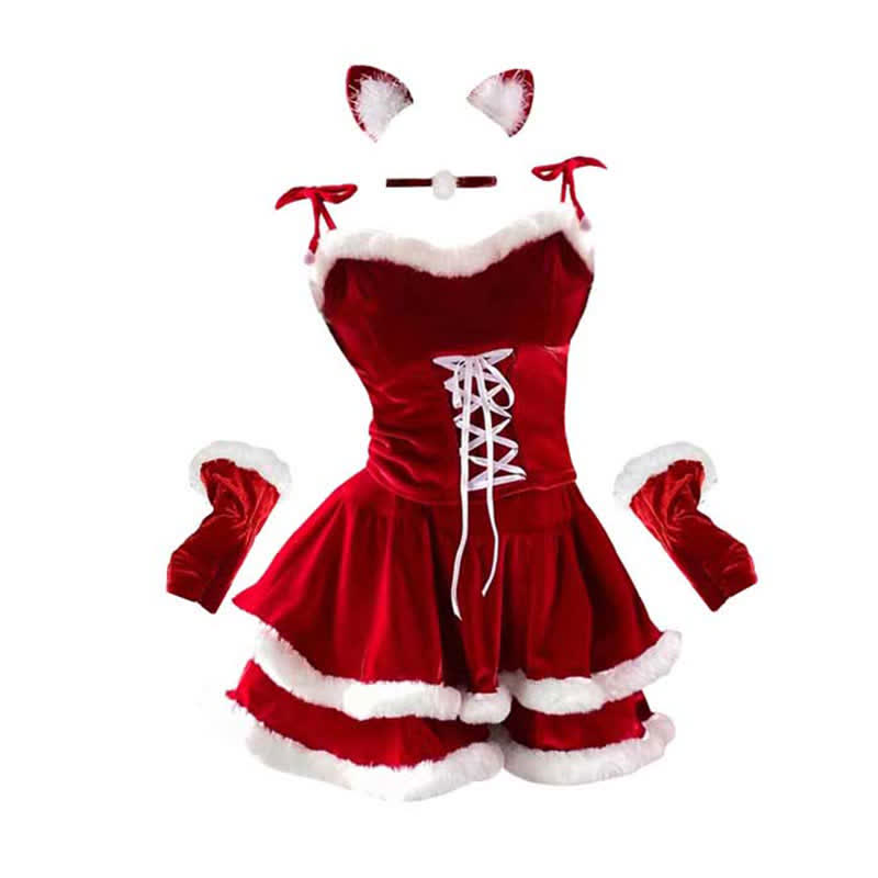 Christmas Bunny Ears Hooded Cloak Velvet Lingerie Set