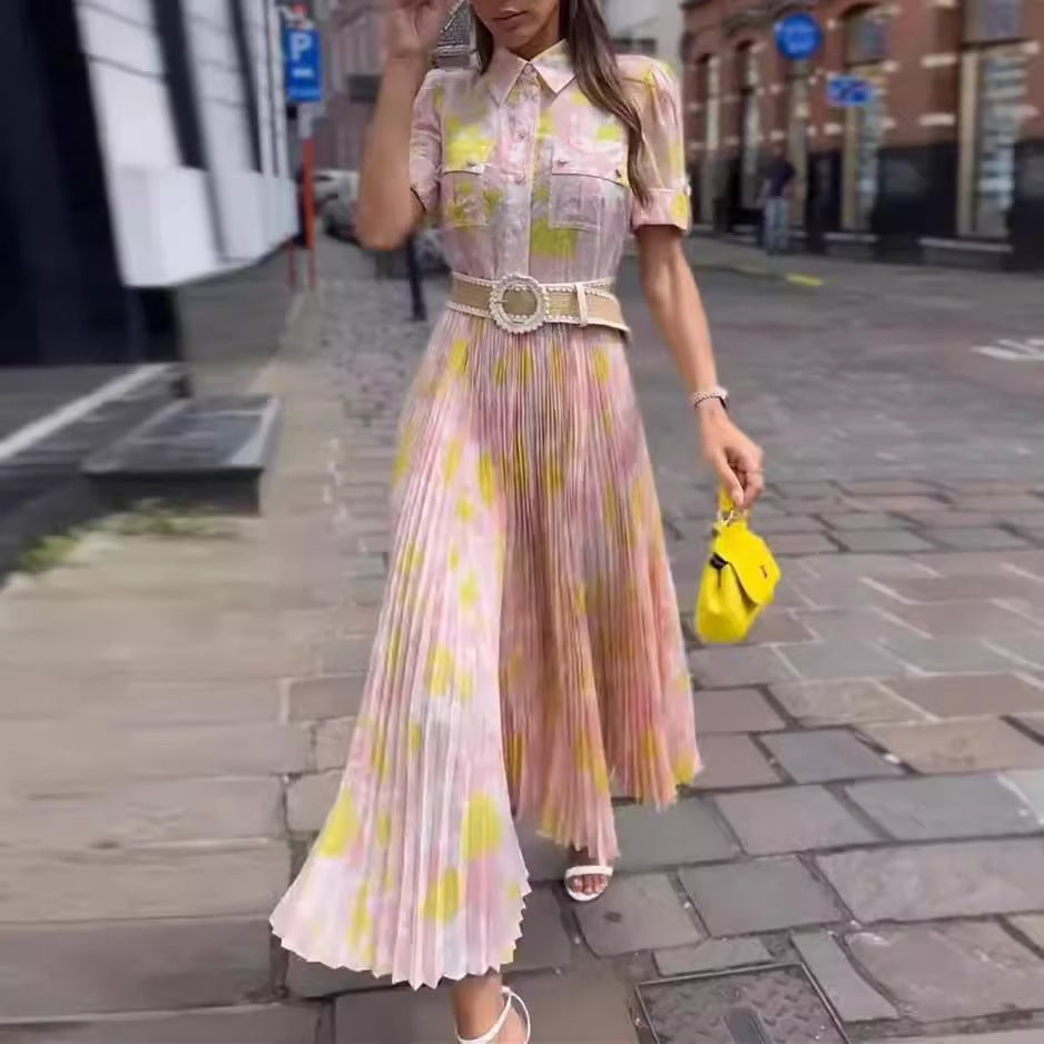 Elegant Lapel Printed Pleated Dress for Women