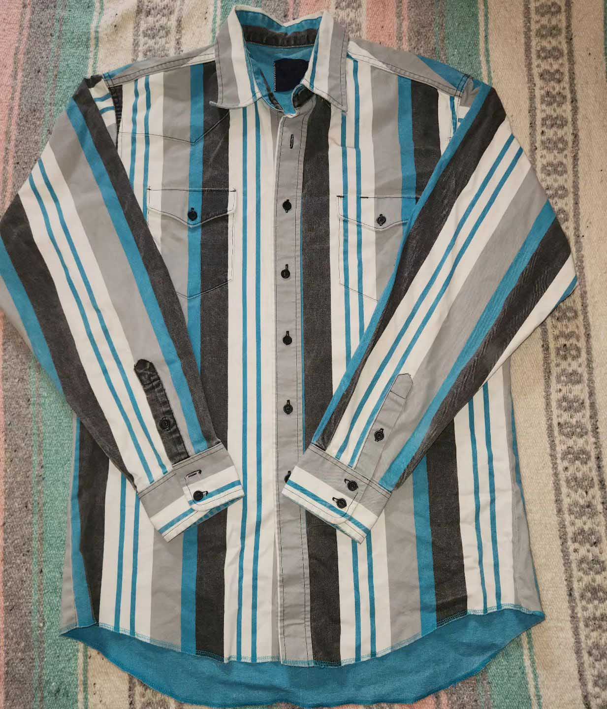 Men's Casual Vintage Blue Striped Long Sleeve Shirt
