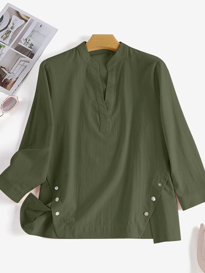 Ladies V-Neck Casual Cotton And Linen Shirt With Irregular Hem Design