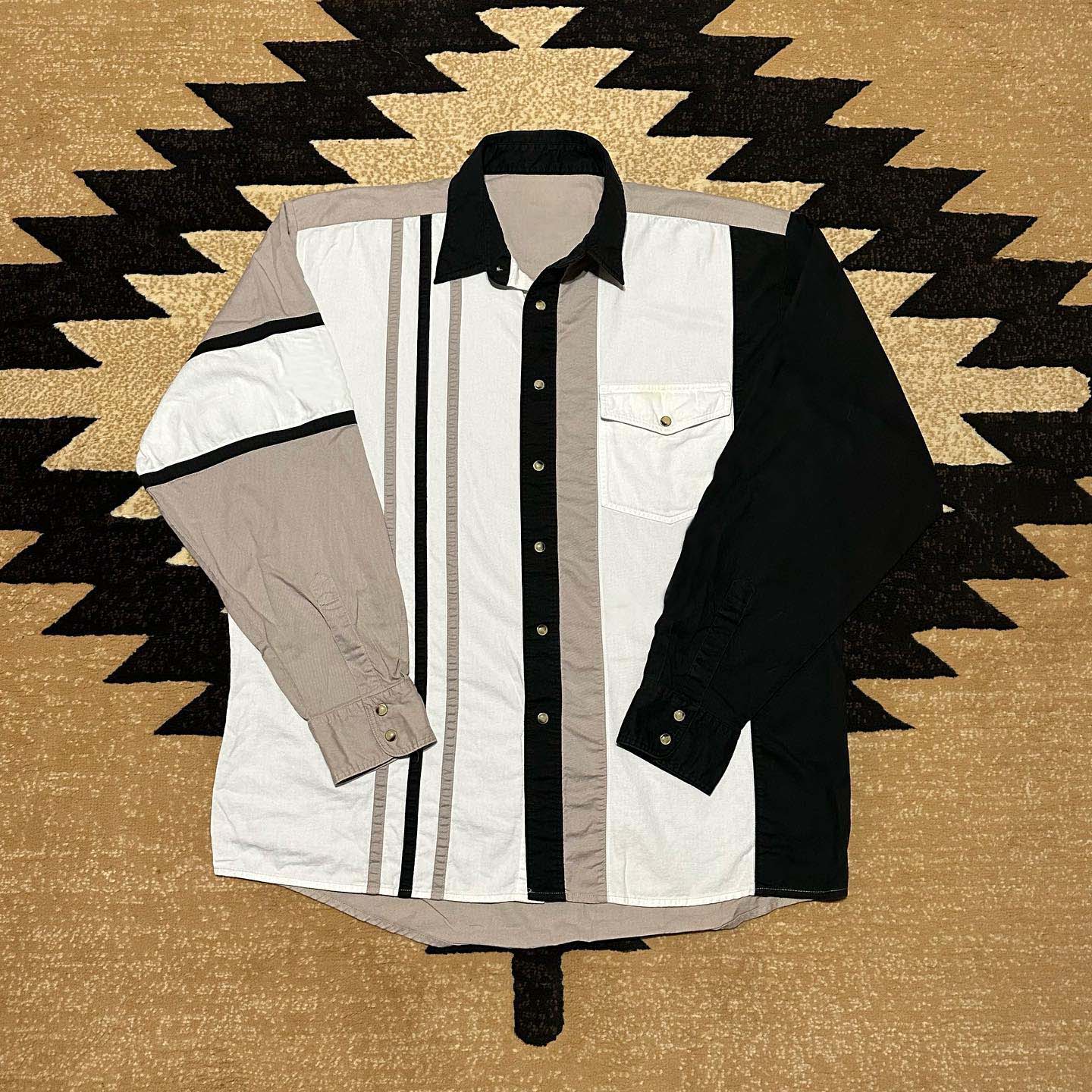Men's Western Casual Black Khaki Striped Long Sleeve Shirt