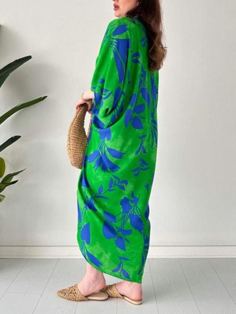 💃 FASHION PRINTED LOOSE BAT SLEEVES V-NECK DRAWSTRING DRESS