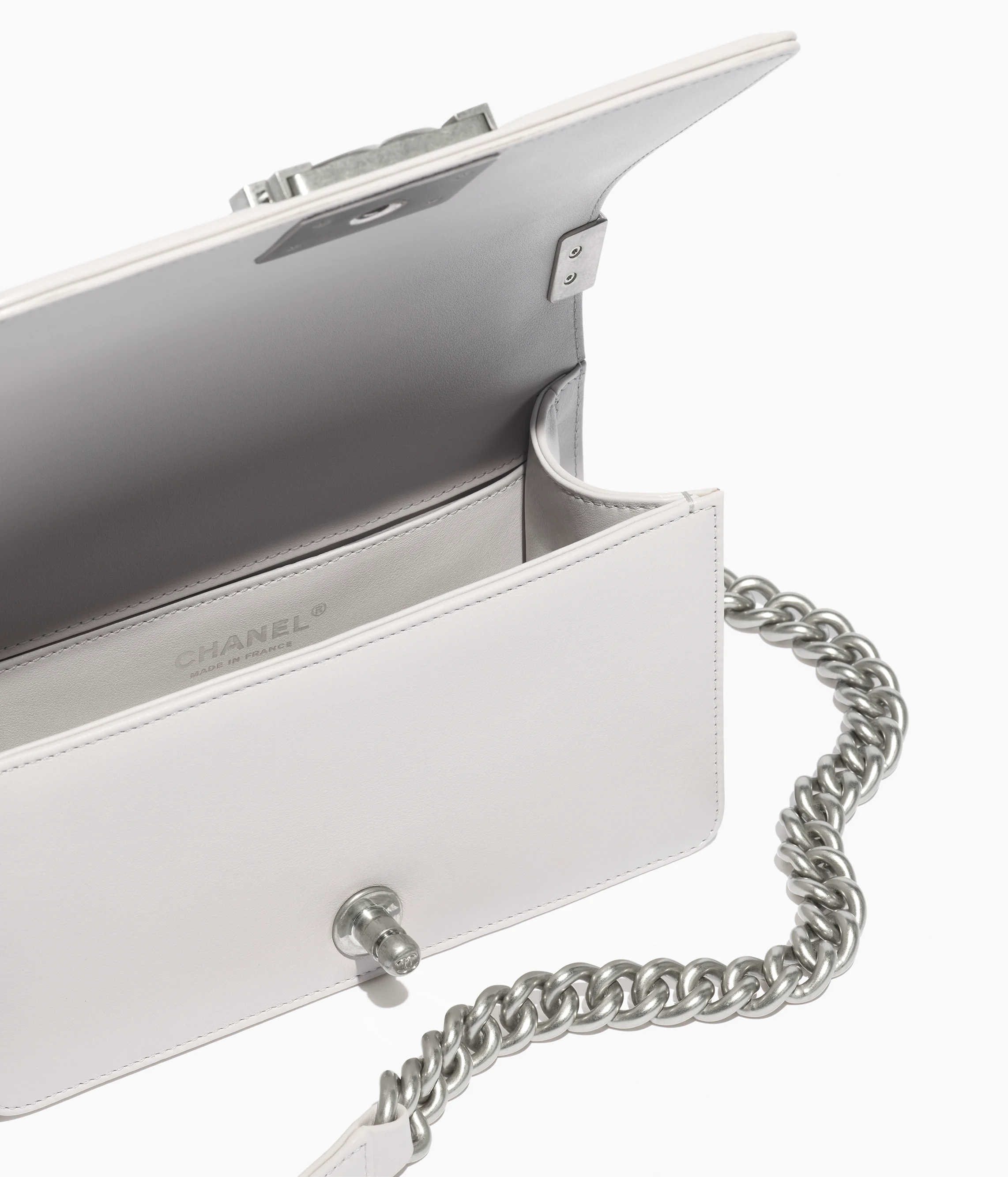 CHANEL Small BOY CHANEL Handbag Calfskin & Silver-Tone Metal White & Light Gray A67085-B18720-NACVA