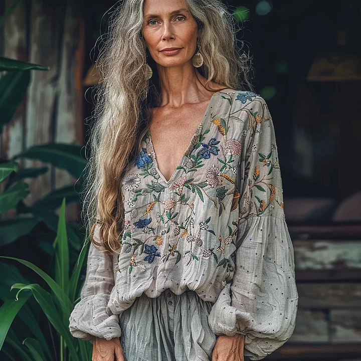 Bohemian Style Linen Floral Art Print Long Sleeve Shirt