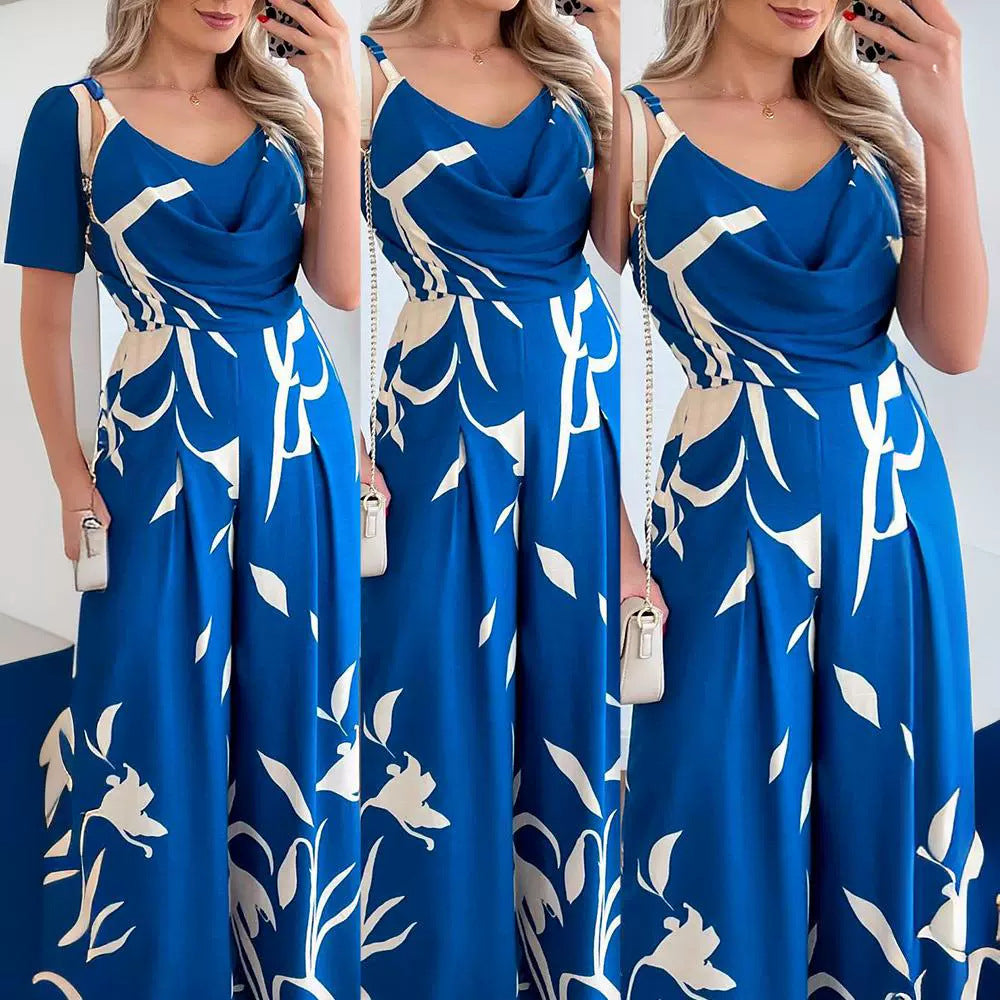 Wide-Leg Jumpsuit for Women Printed Suspender Waist