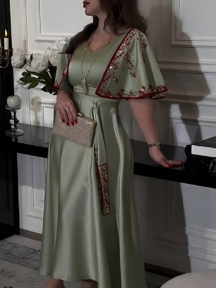Diamond Shawl Sleeves Jalabiya Dress with Belt