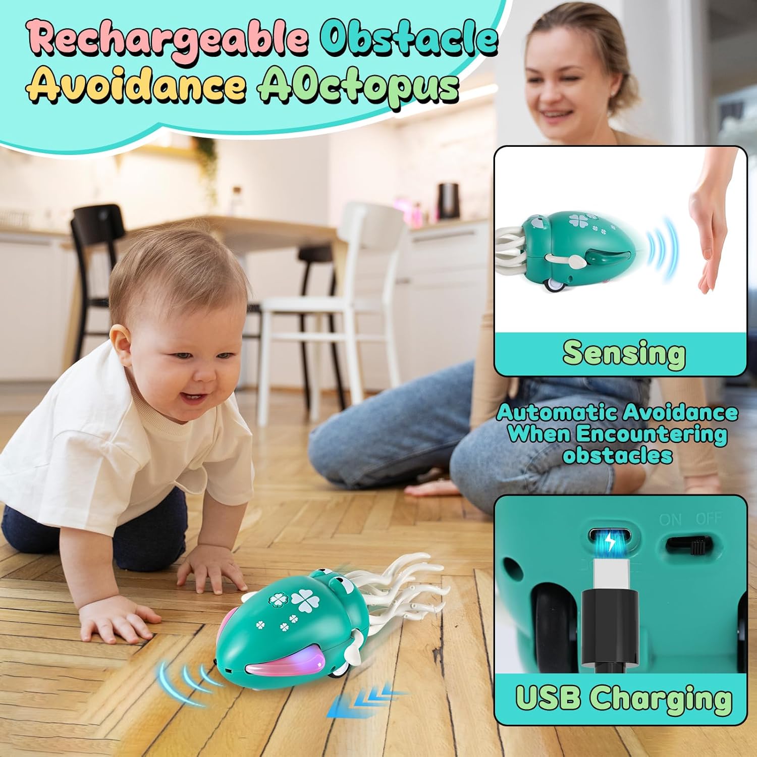 🔥Last Day 50% OFF🔥Electric Crawling Octopus Toy with LED Lights & Music,Smart Obstacle Avoidance, Interactive Fun Gifts