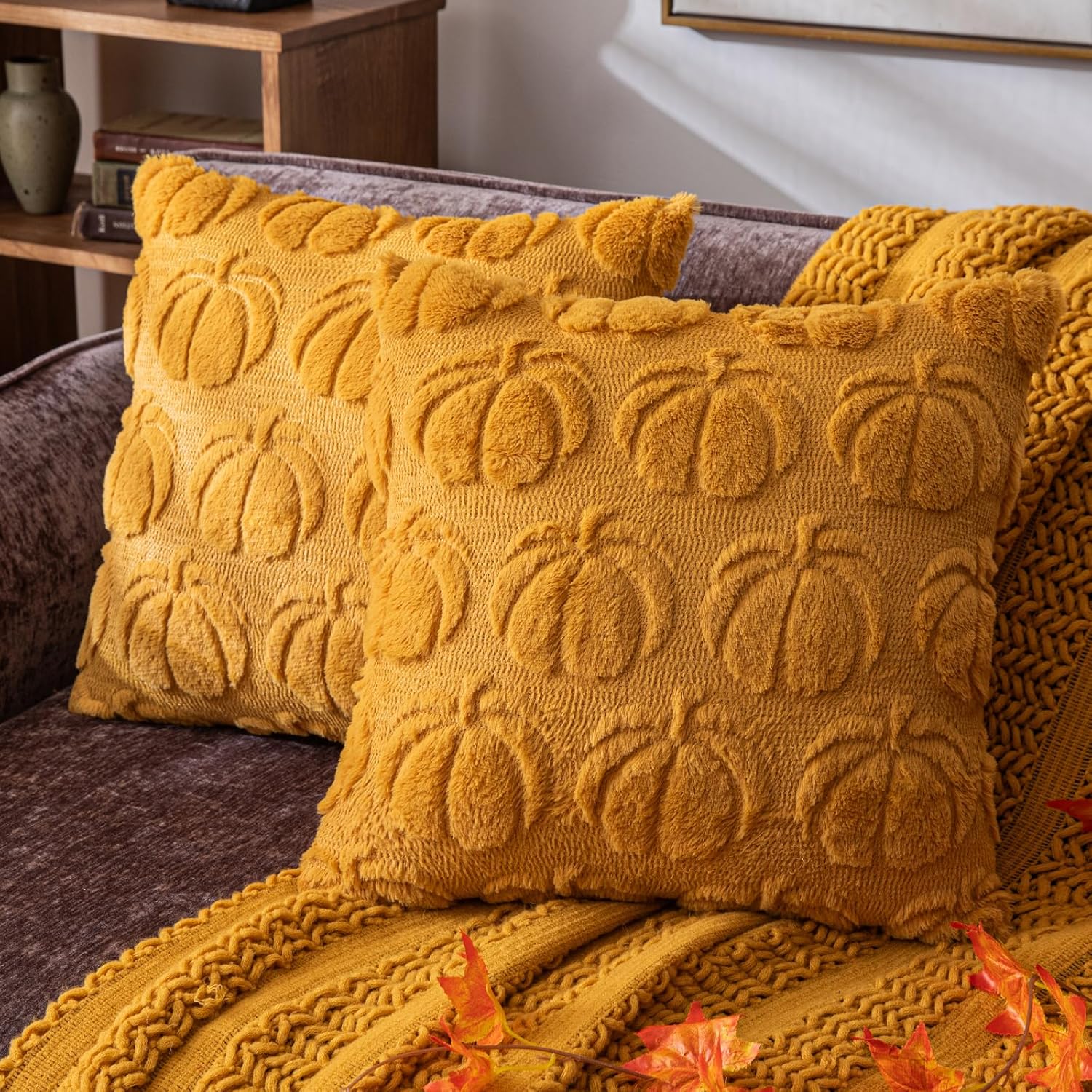 Pumpkin Fall Decorative Throw Pillow Covers, Fluffy Plush Accent Pillow Cases