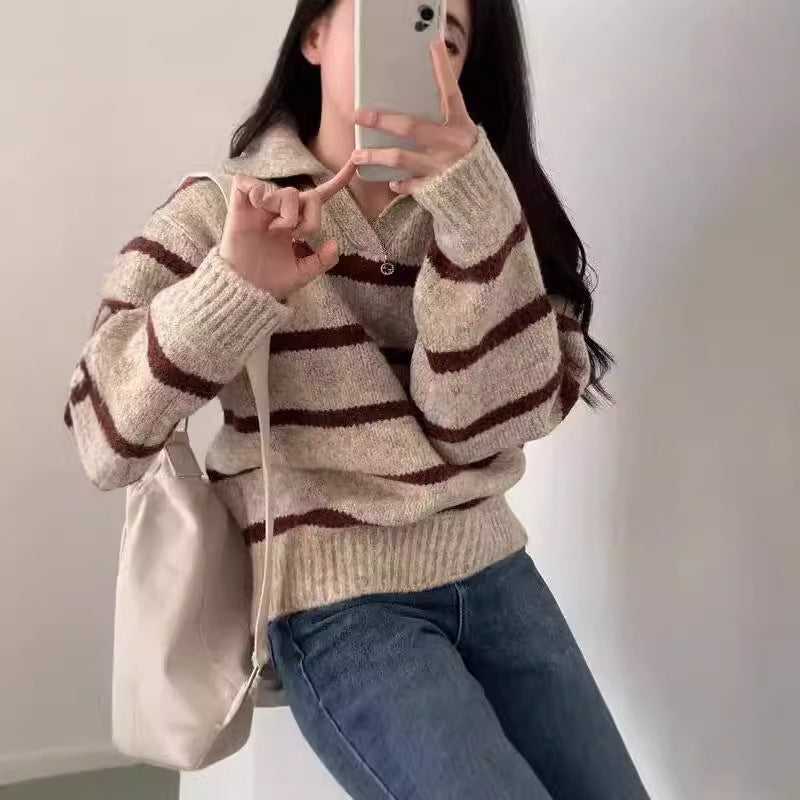 Fall and Winter Contrast Color Striped Pullover Sweater