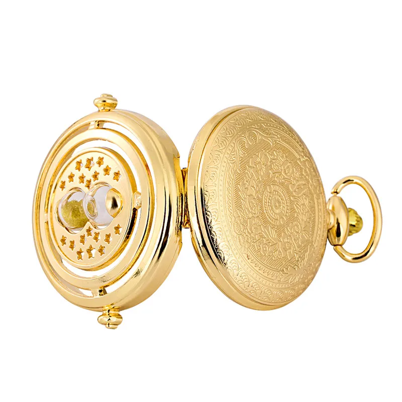 Luxury Golden Color Sandglass Design Unisex Quartz Analog Pocket Watch Fob Chain Arabic Number Timepiece Reloj De Bolsillo