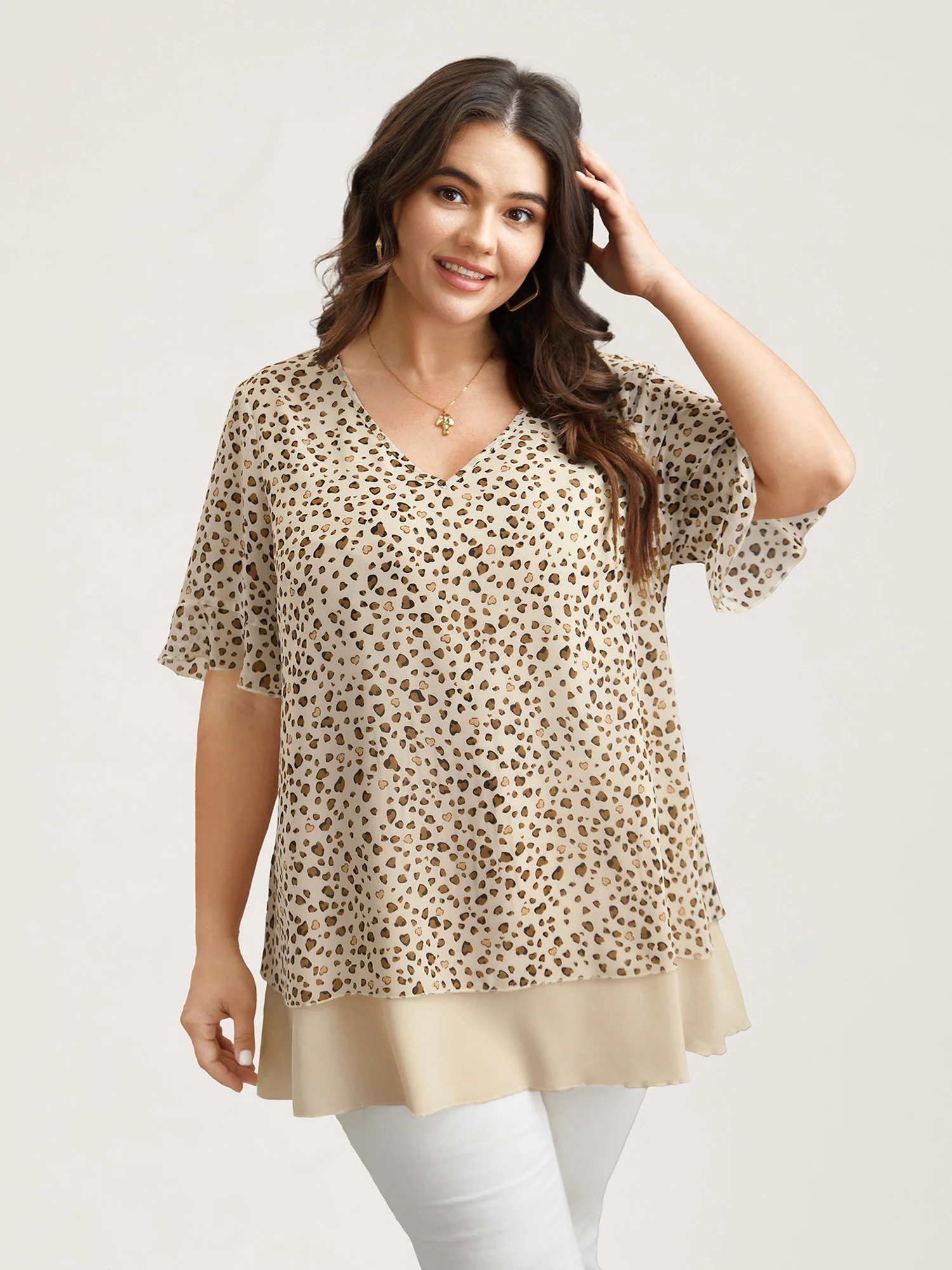 Polka Dot Print Ruffled V-Neck Layered Shirt