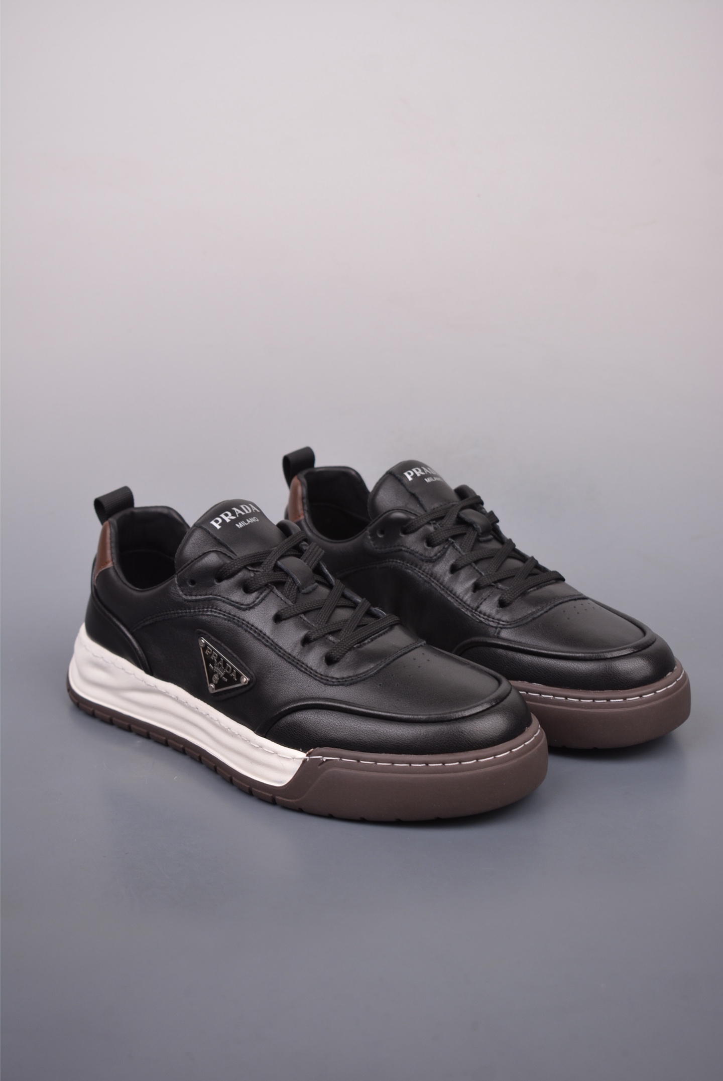Prada PRAX 02 Triangle Logo Leather Sneakers Casual Sports Shoes Black Brown 3D989M_3LF5_FG000