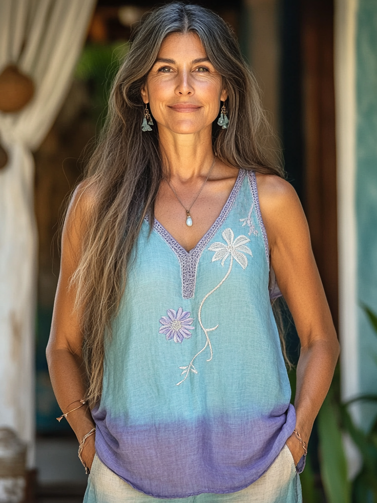 Women's Retro Loose Gradient Bohemia Ethnic Style Linen V-neek Sleeveless Top