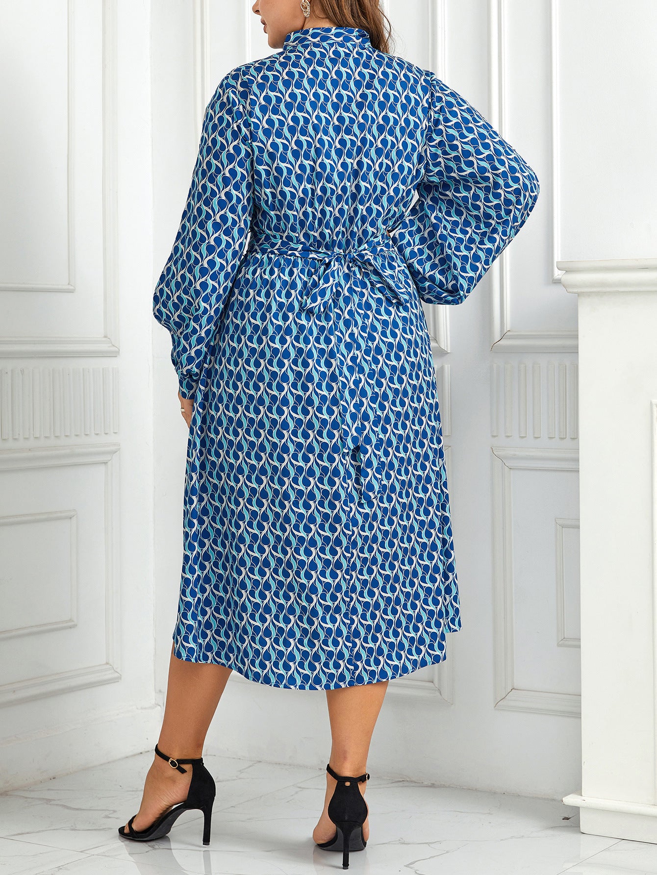 European and American High-Waisted Printed Long Puff Sleeve Dress