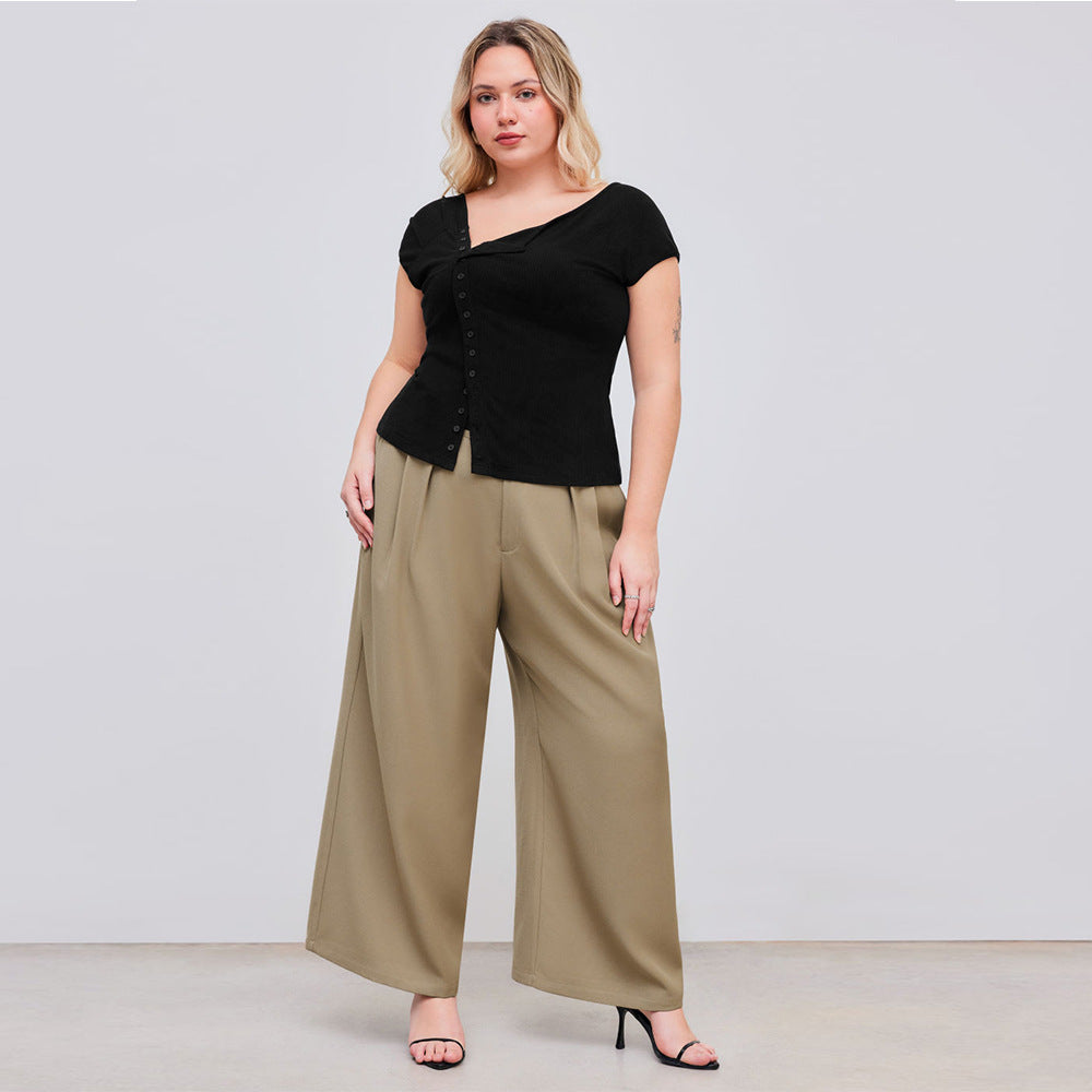 Plus Size Women Clothing Classic Diagonal Collar T Shirt Summer Single Breasted Slim Fit Shoulder Top