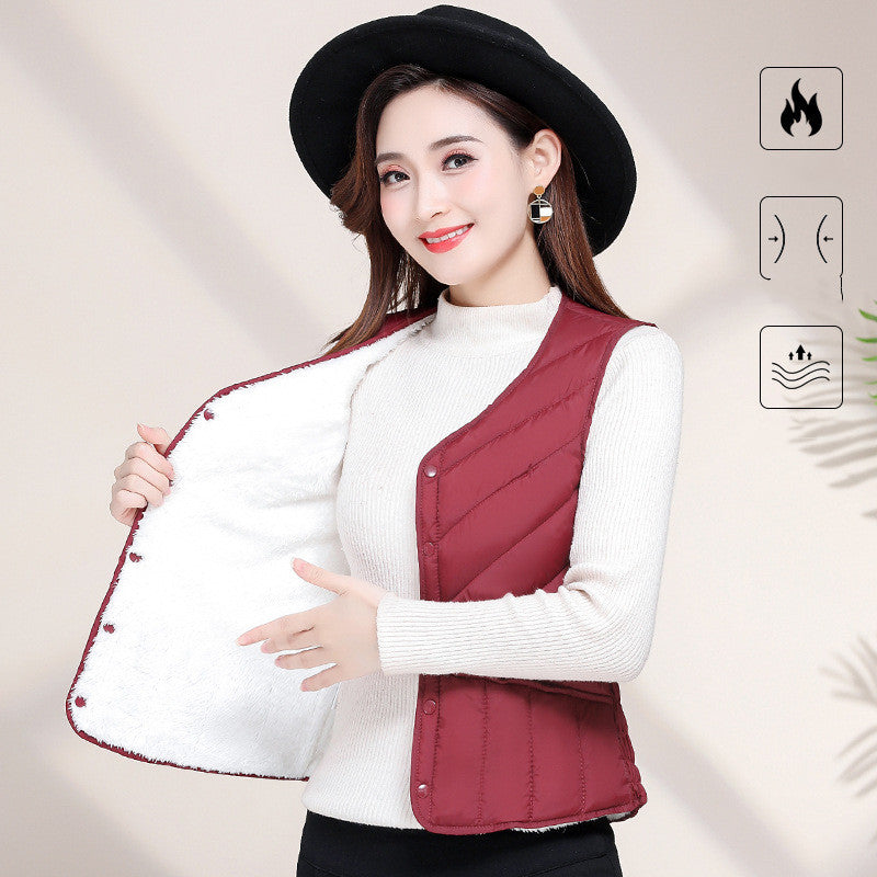 Short Down Cotton Vest for Women, Warm and Thickened with Lamb Velvet