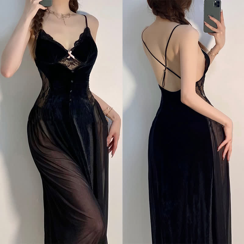 V-neck Backless Mesh Split Slip Lingerie Dress