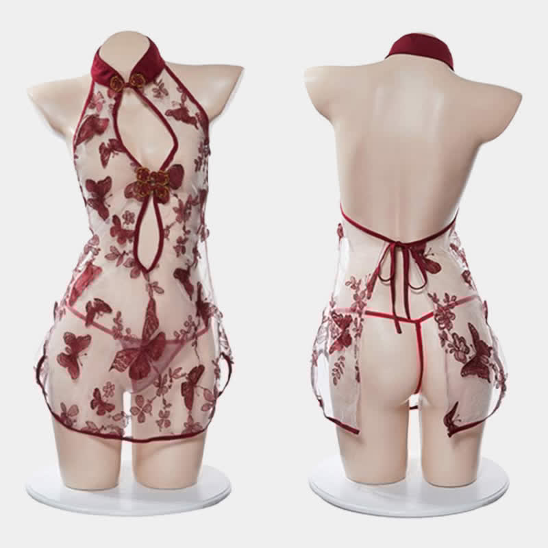 Butterfly Blossom Embroidery Mesh Lingerie Cheongsam Dress