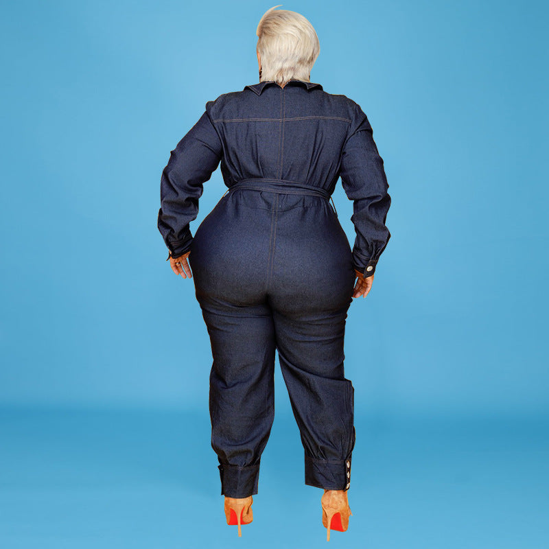 Plus Size Plus Size Women Washed Denim Long Conjoined Trousers Autumn