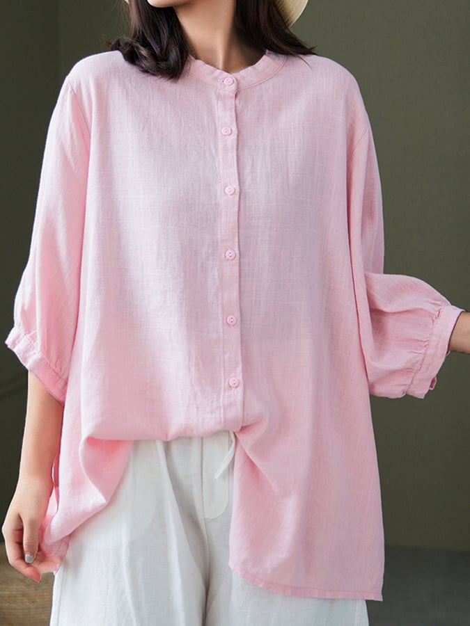 Woven Women's Cotton Fashion Loose Mandarin Collar Long Sleeve Shirt