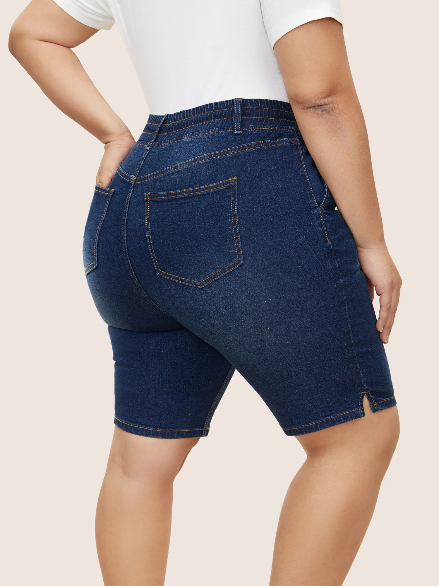 Dark Wash Drawstring Slit Hem Denim Shorts