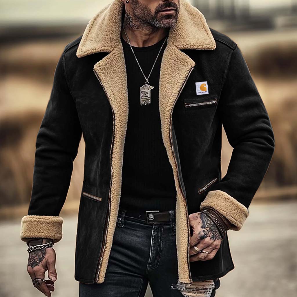 Men's Vintage Suede Shearling Zipper Pocket Fleece Wool Fur Lapel Collar Mid-Length Coat Jacket