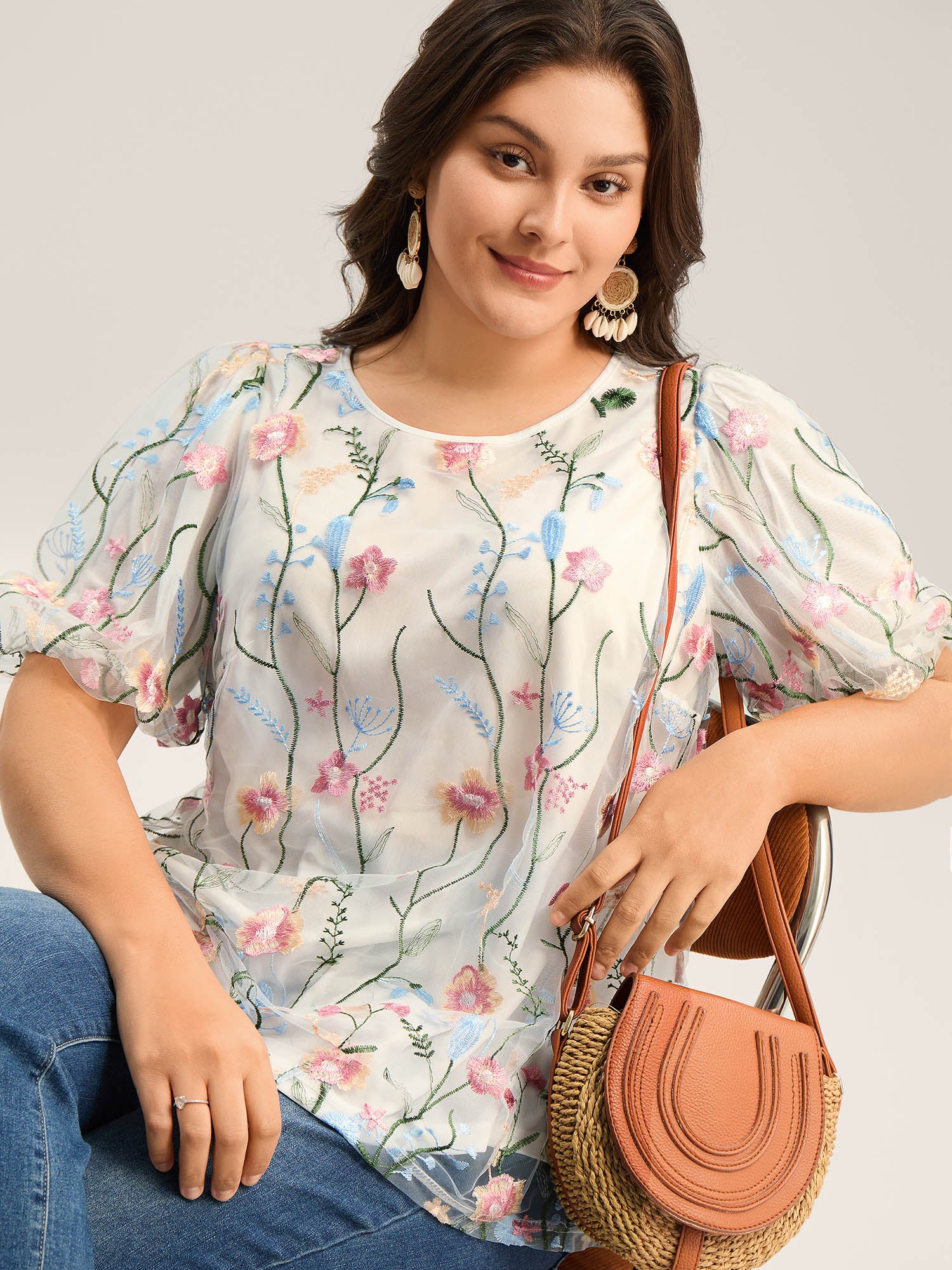 Floral Embroidered Mesh Bubble Sleeve Blouse
