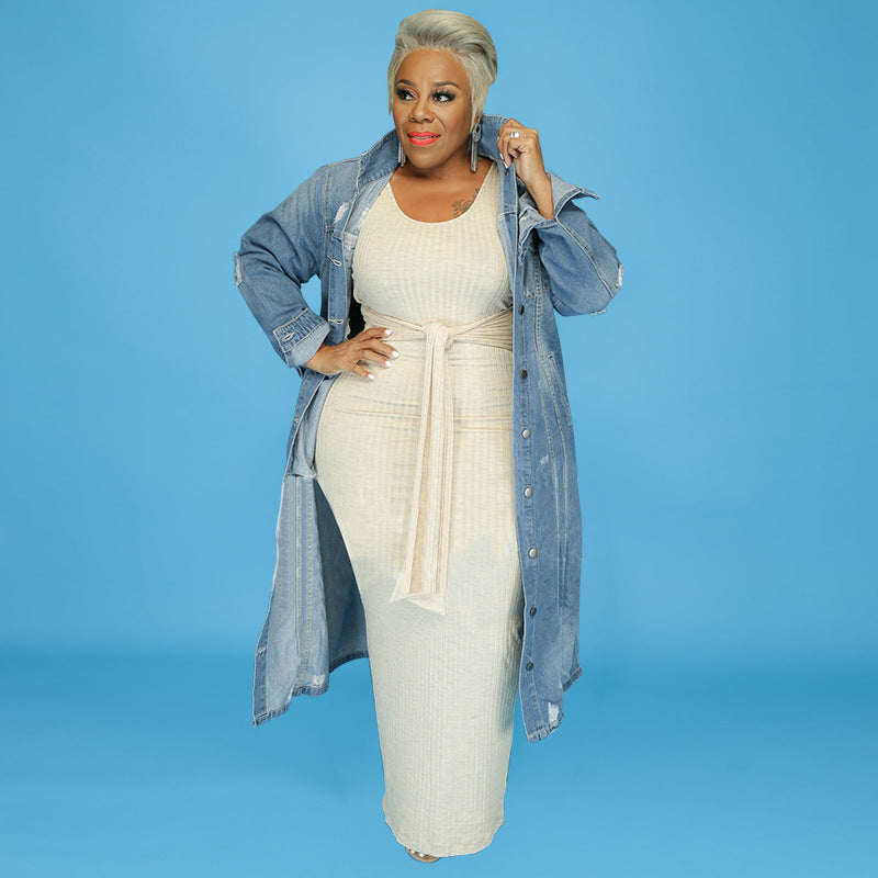 Plus Size Women Clothes Autumn Winter Ripped Casual Denim Jacket Trend