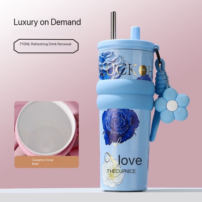 Floral pattern insulated water bottle, large capacity, stainless steel straw cup, perfect for use in the car or office.