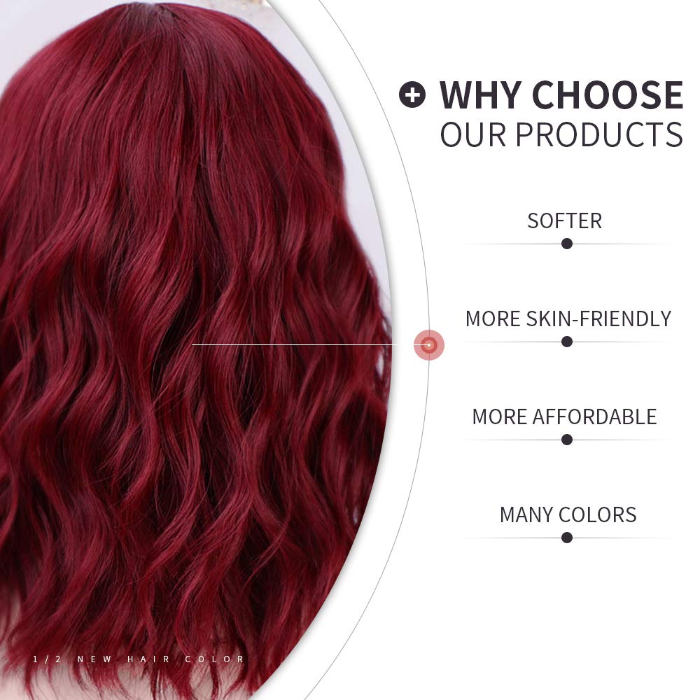 Luna Wine Red Women Bob Curly Wigs with Bangs Natural Looking Heat Resistant Fiber Hair for Women