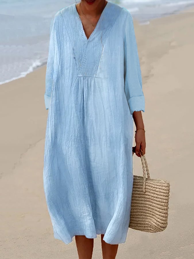 Women's Casual Cotton And Linen Long Sleeve Dress