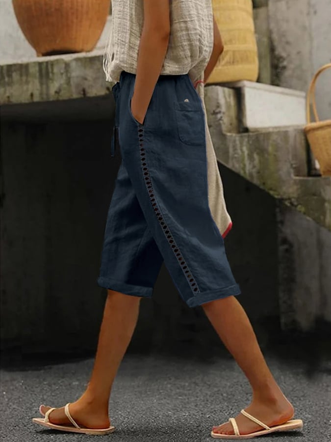 Cotton And Linen Side Lace Hollow Stitching Casual Five-Point Pants