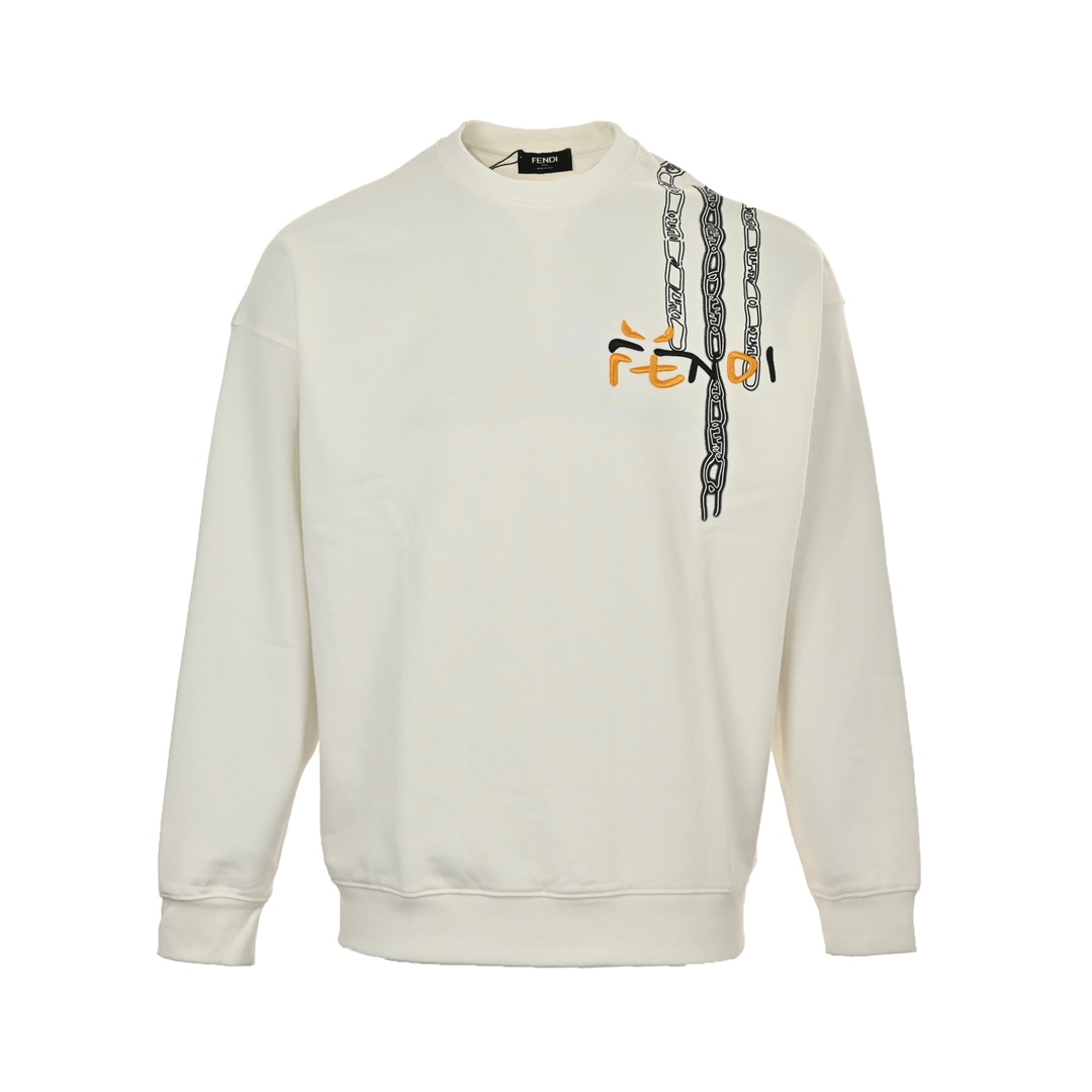 Fendi 24Fw crewneck sweatshirt with shoulder chain print and graffiti logo embroidery