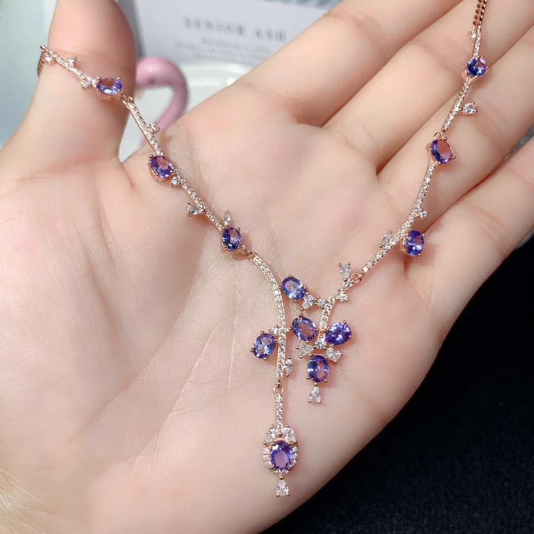 925 Silver Personality Natural Tanzanite Necklace Chain Row Jewelry Pure Beauty women's luxury jewelry certified boutique