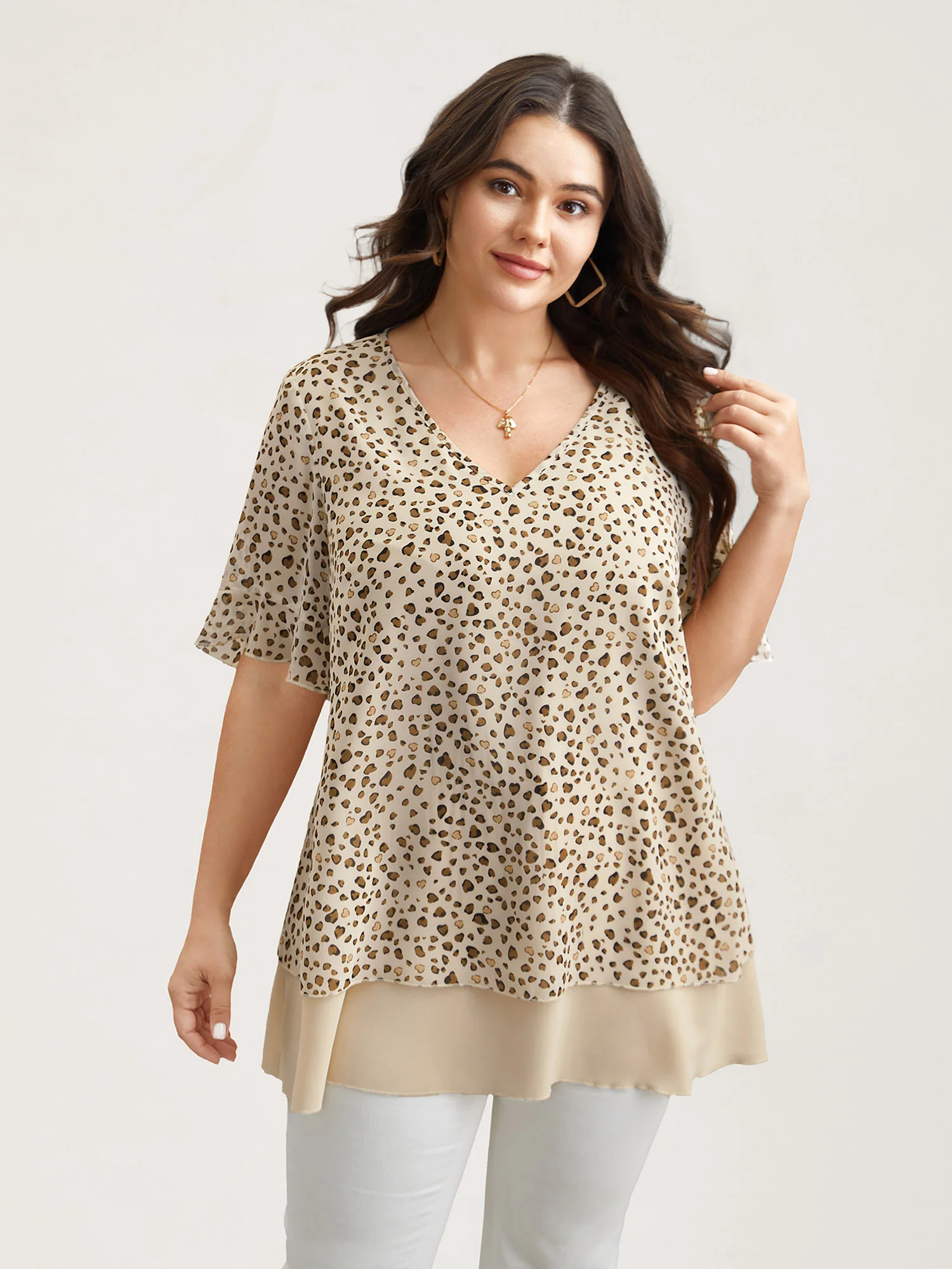 Polka Dot Print Ruffled V-Neck Layered Shirt