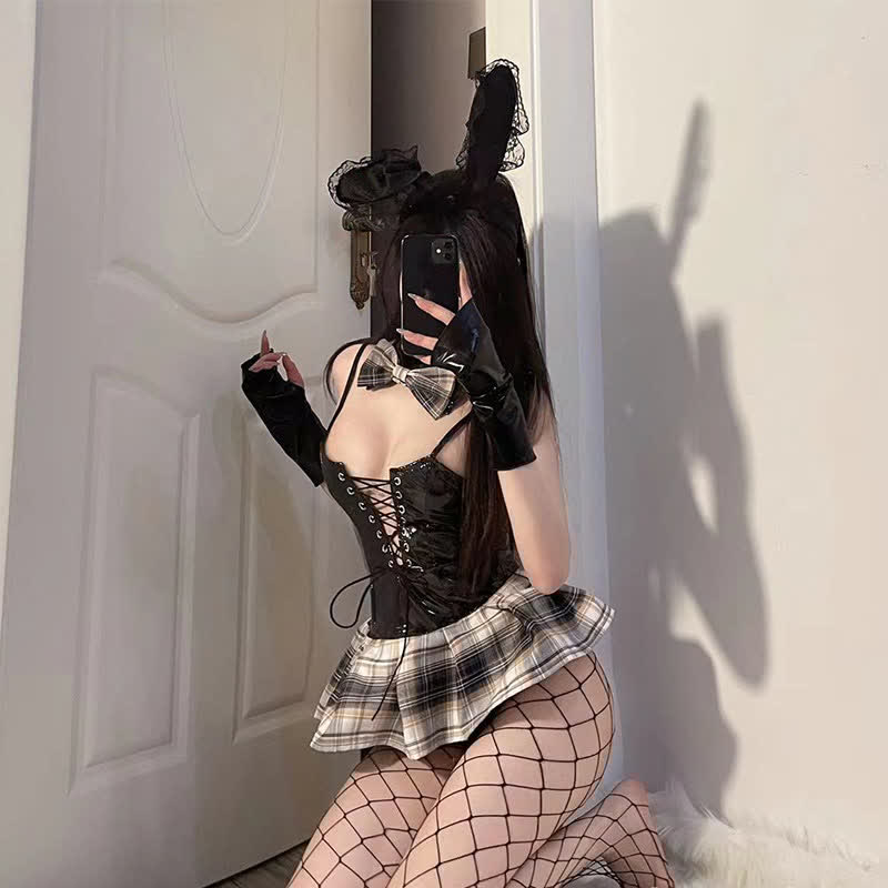 Cospaly Bunny Plaid Print Lace Up Slip PU Lingerie Set