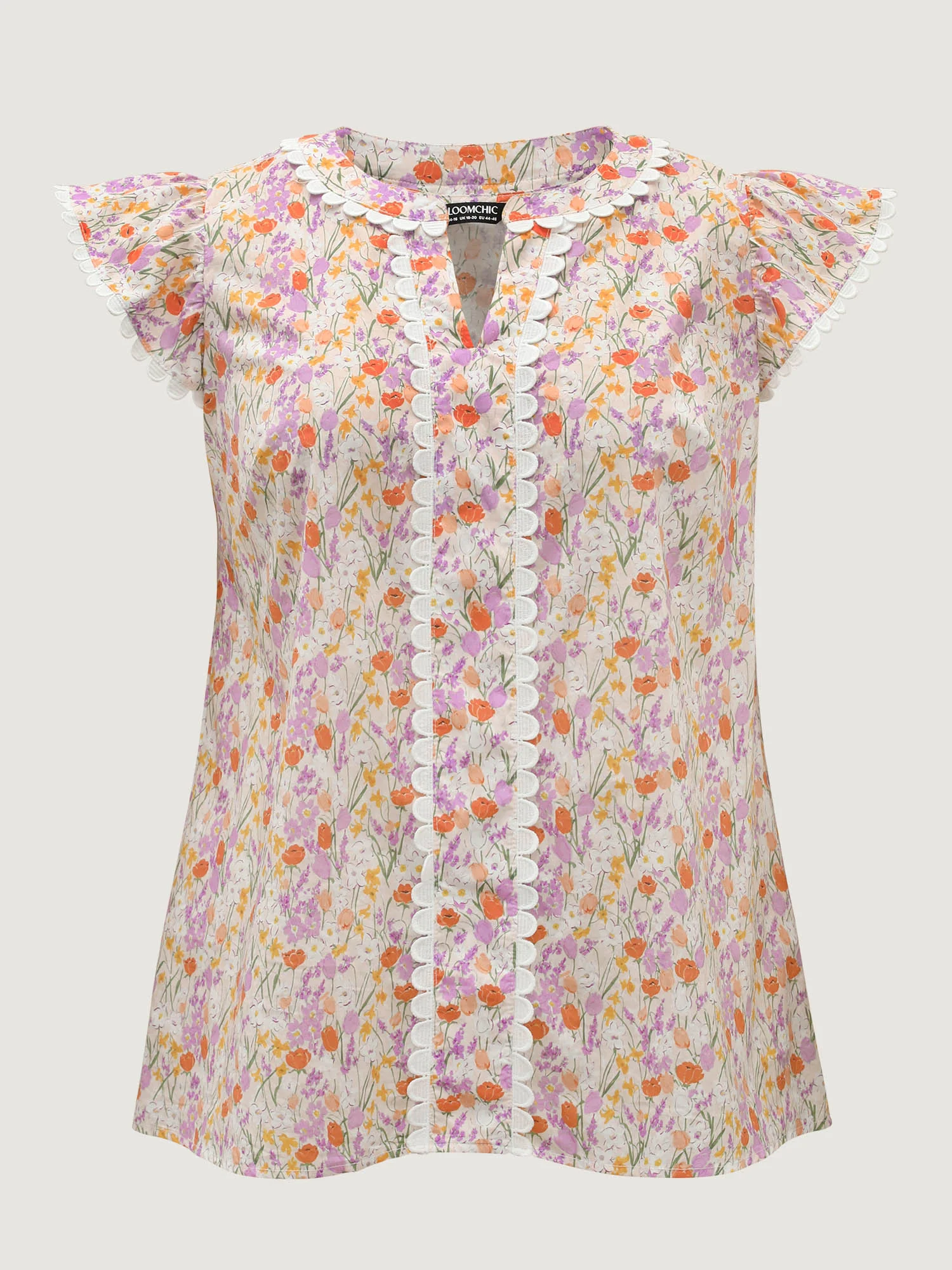 Cotton Floral Print Lace Trim Notched Blouse