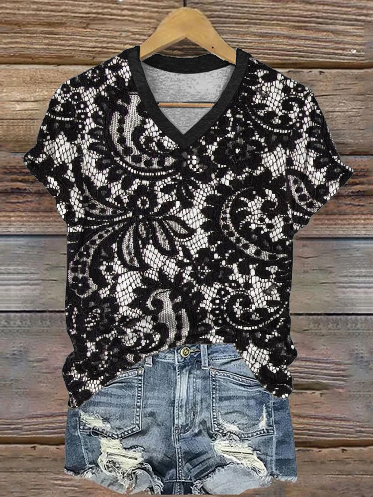 Vintage Paisley Floral Lace V Neck T Shirt