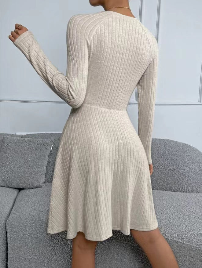 New Fall Women's Slim-Fit Long Sleeve Fleece Dress with Sunken Stripes