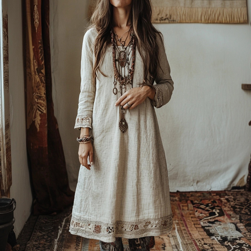 Vintage Floral Embroidered Linen Blend Midi Dress