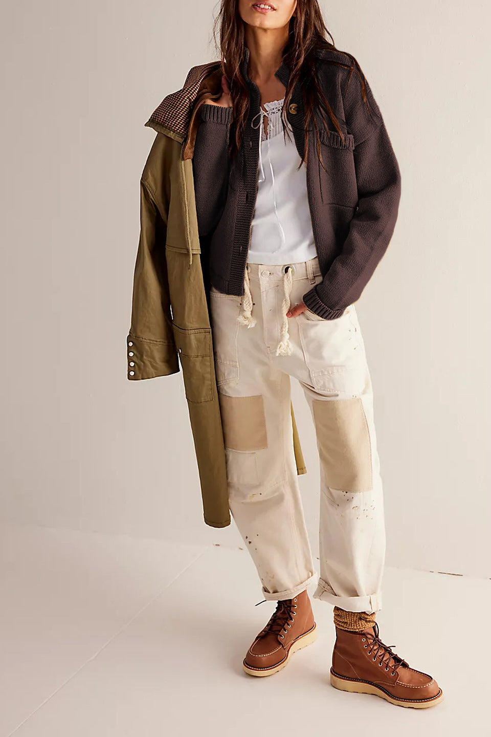 Women's Knitted Coat with Stand Collar – Solid Color Cardigan Sweater
