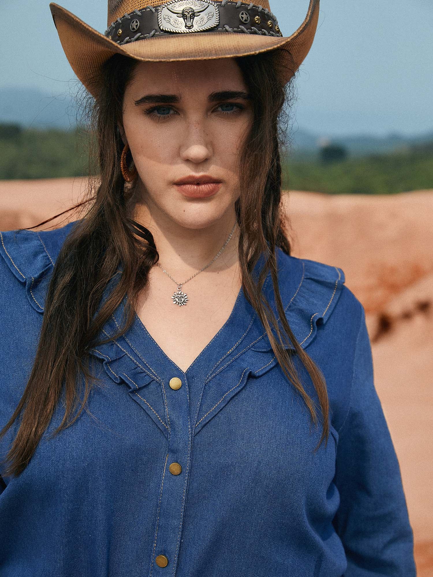 Stretch Denim Lotus Leaf Neckline Shirt