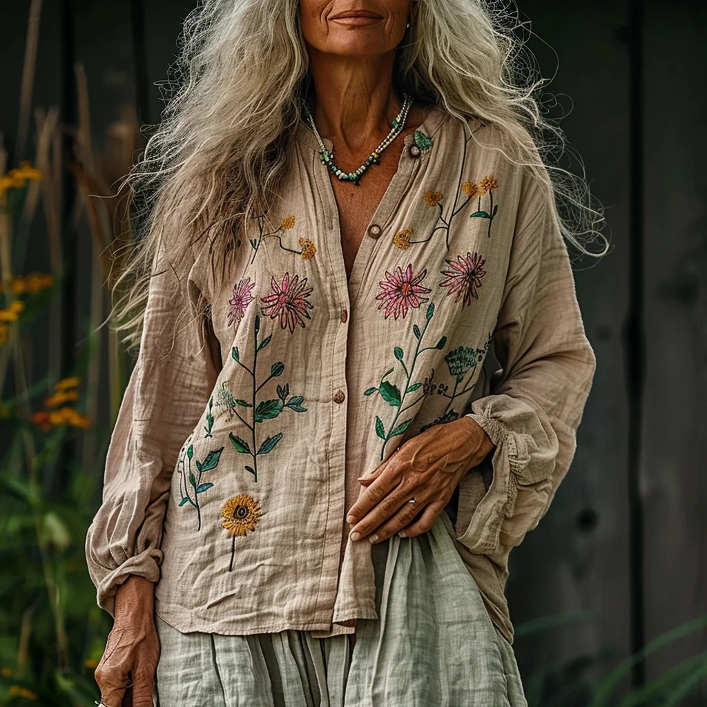 Bohemian Linen Floral Art Print Long Sleeve Loose  Shirt